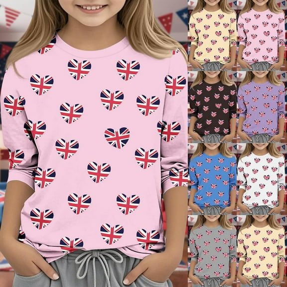 Unisex Kids Summer Fashion Shirts 3/4 Sleeve Loose Fit Spring Tops Crew Neck Tunic Tops Boho Blouses for Girls Dressy Casual Flower Pattern Lightweight Basic T-Shirts