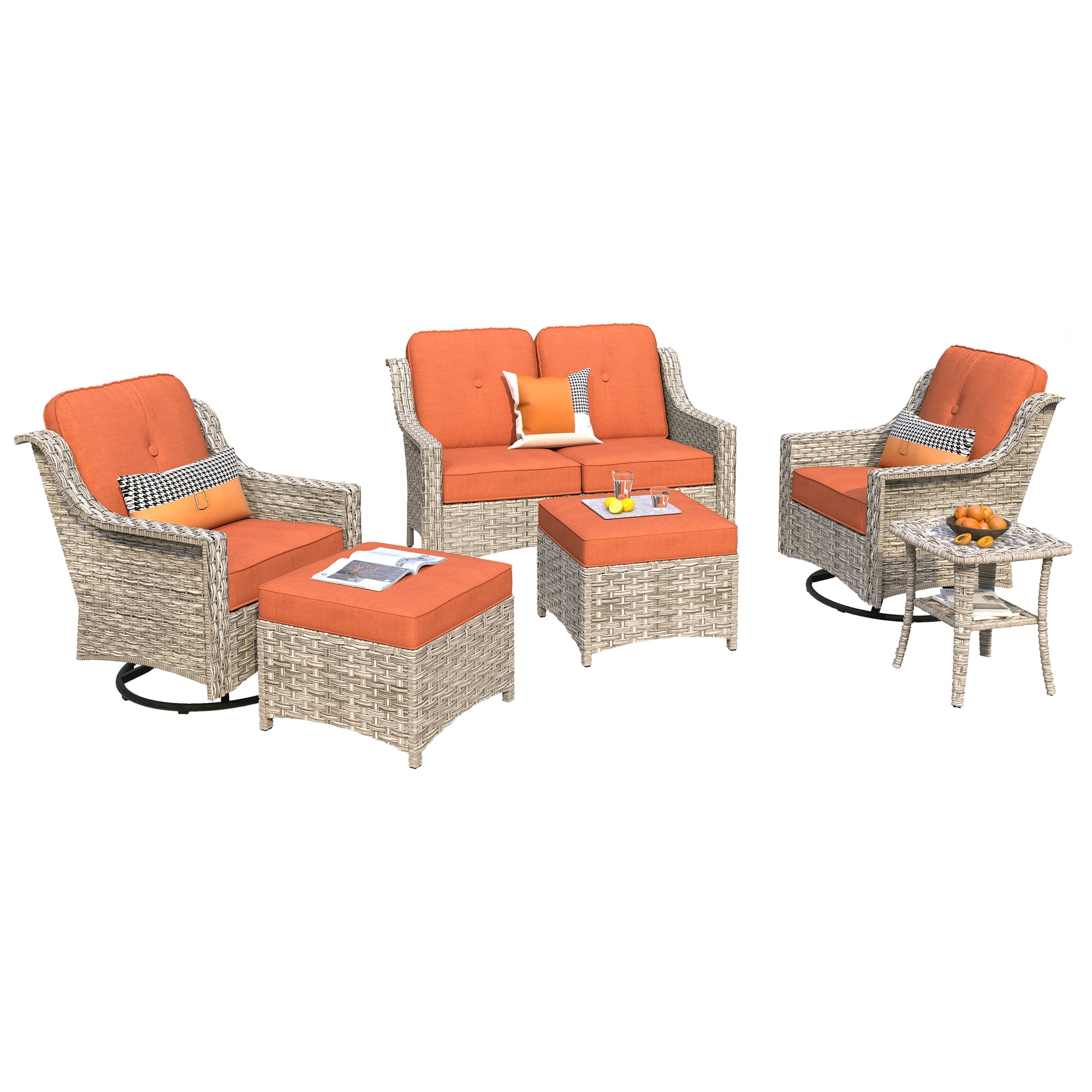 Ovios 6 Pieces Patio Furniture Set All-Weather Outdoor Sectional Patio Sofa Wicker Rattan Conversation Set with Swivel Rocking Chairs for Backyard