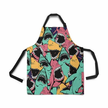 

ASHLEIGH Adjustable Bib Apron for Women Men Girls Chef with Pockets Angry Shark Sea Life Novelty Kitchen Apron for Cooking Baking Gardening Pet Grooming Cleaning