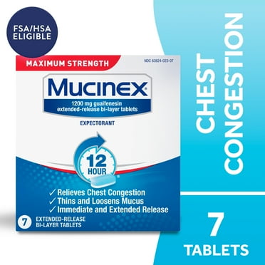 Mucinex 12 Hour Max Strength Expectorant, OTC Medicine for Excess Mucus Relief, FSA/HSA, 7 Tablets