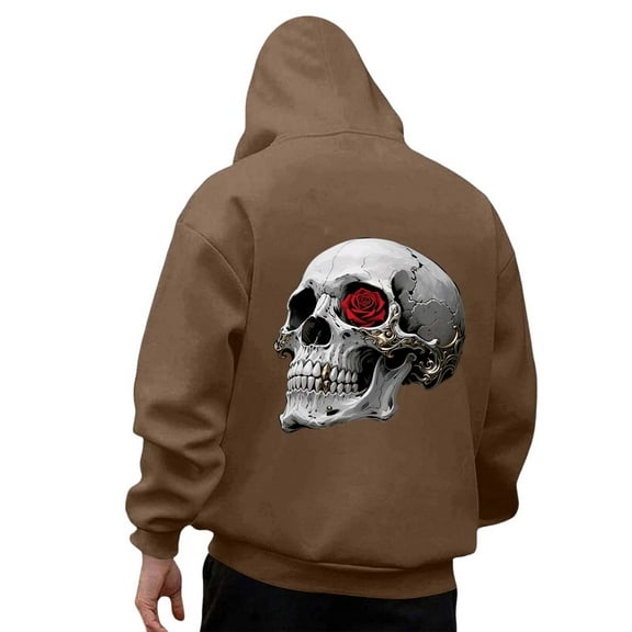 Mens Hoodies Sweatshirt Pullover Halloween Skull Graphic Loose Hooded Mens Work Clothing,Brown,M
