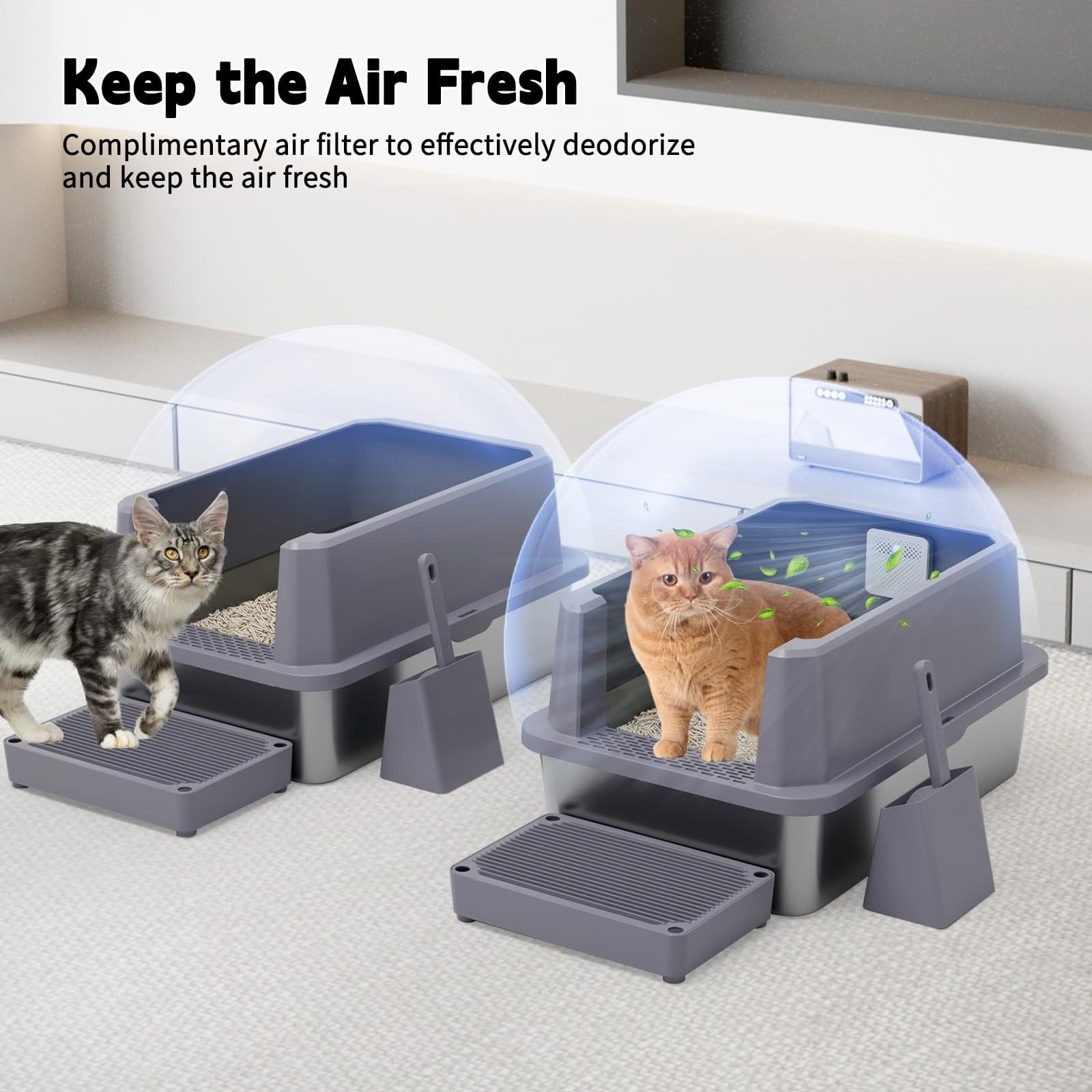 Stainless Steel Litter Box For Cats: Gray Leakproof Open Top Tray - Teflon Non-stick Coating Large Size Odor Control Cats Under 20 Lbs With Deodorizer 2 Pack