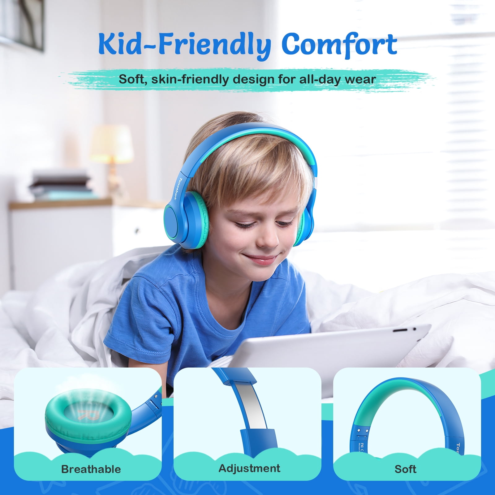 Tonoshark Active Noise Cancelling Headphones for Kids, 60H Playtime, Wireless Bluetooth Over-Ear Blue Headset Built-in Microphone for Home/School/Travel/Party - Includes Portable Case
