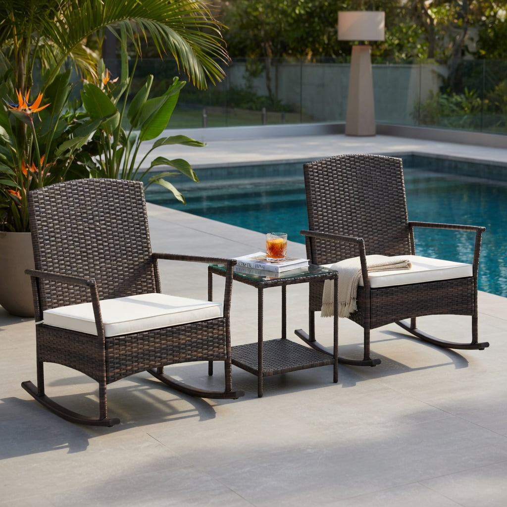 Hommoo 3-Piece Outdoor Patio Rocking Set, Wicker Rocking Chairs with Double-Tier Tempered Glass Coffee Table, PE Rattan, Includes Cushions & Easy Assembly, White
