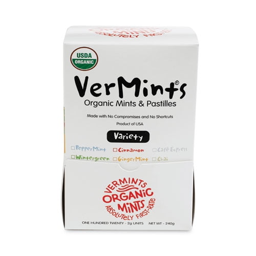 VerMints Organic Mints/Pastilles, Assorted Flavors, 2 Mints/0.7 oz Individually Wrapped, 120/Box VerMints Organic Mints/Pastilles, Assorted Flavors, 2 Mints/0.7 oz Individually Wrapped, 120/Box