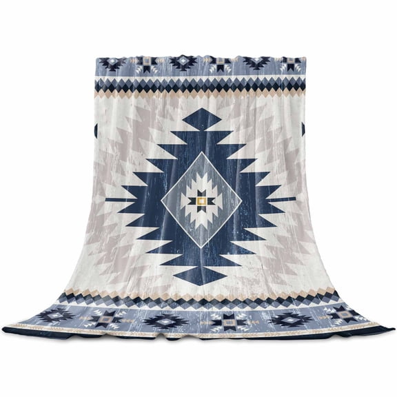Flannel Throw Blanket for Couch Sofa Bed,Aztec Blue Geometric Abstract Soft Cozy Warm Fuzzy Blanket 30x40in