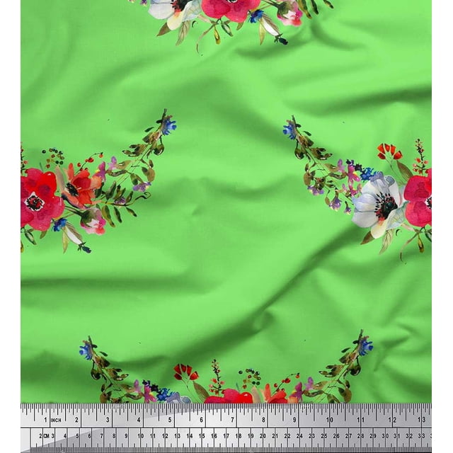Soimoi Poly Georgette Fabric Leaves & Anemone Flower Decor Fabric Printed Yard 42 Inch Wide