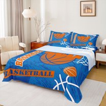 Feelyou Eat Basketball Sleep Bed Sheets for Boys, Blue Orange King Sheets, Modern Sports Theme Sheet Set, Super Cozy Room Decor, 4-Piece