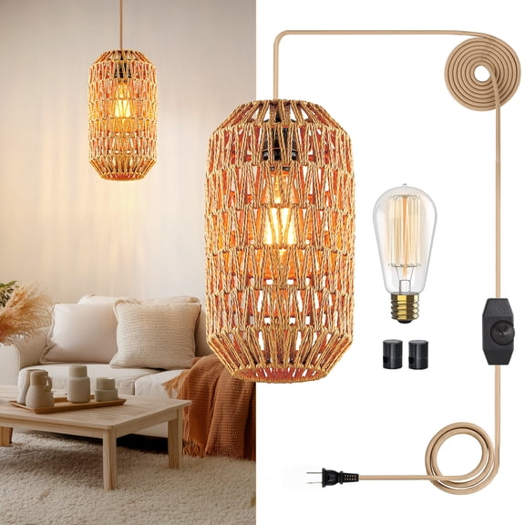 Cinkeda Plug in Pendant Light Dimmable Rattan Hanging Lamp for Kitchen Island Living Room Bedroom,LED Bulb Included