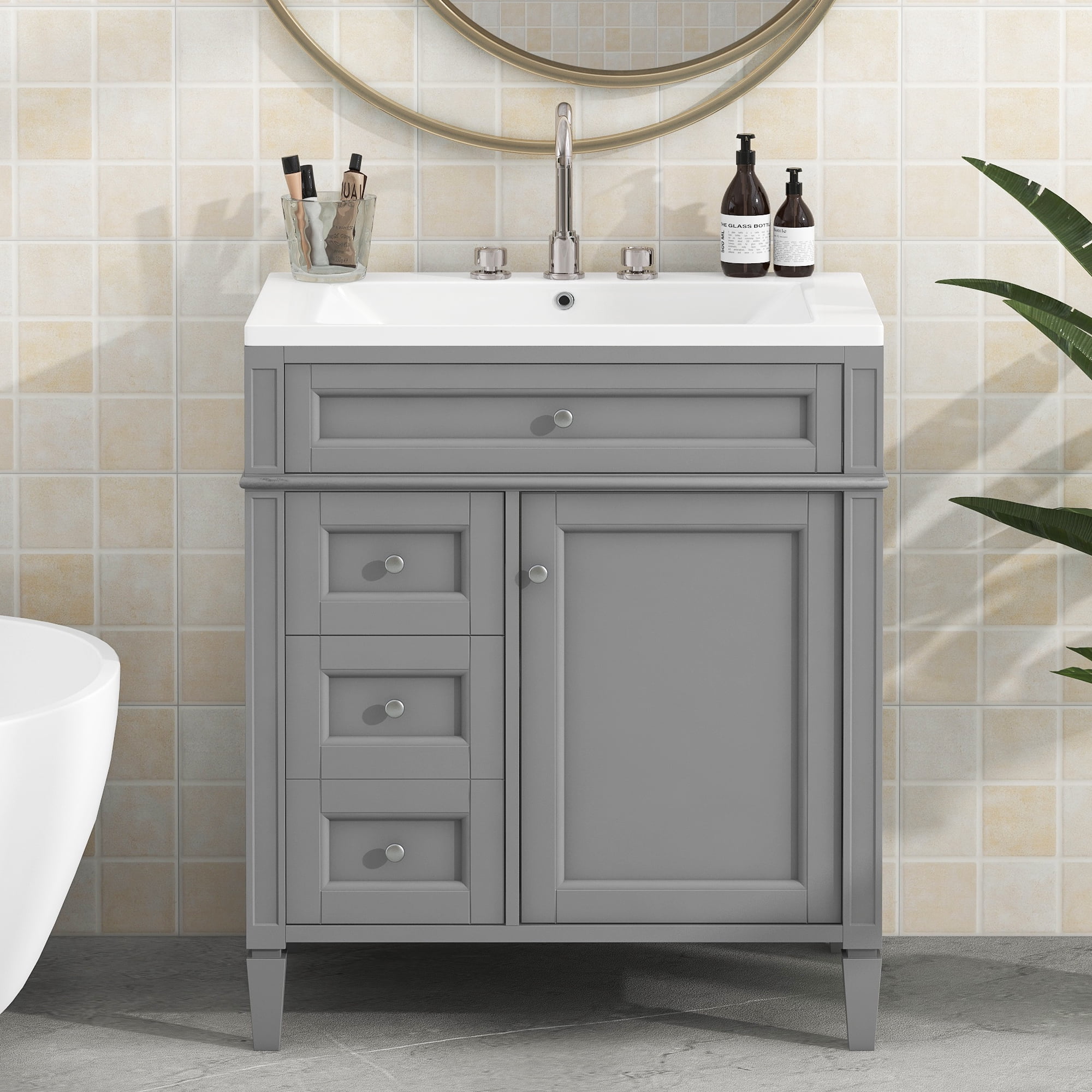 Harper & Bright Designs 30'' Bathroom Vanity with Sink and 2 Drawers and a Tip-out Drawer, Single Sink Bathroom Vanity Cabinet with Door and Adjustable Shelf, Gray