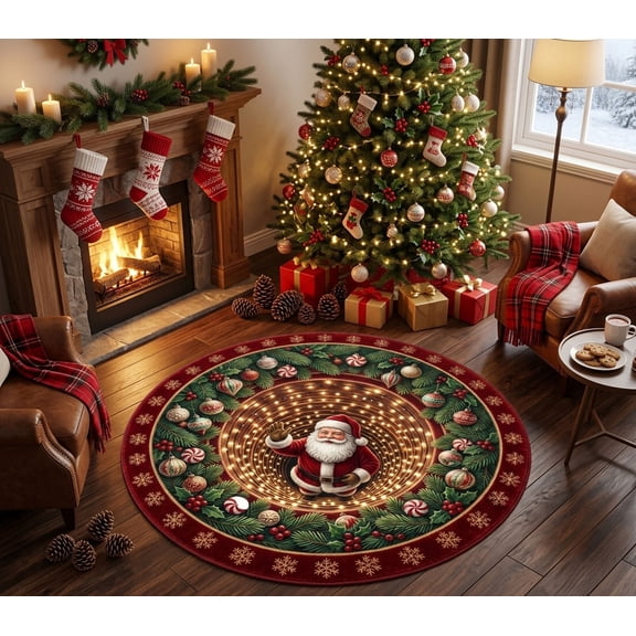 3D Christmas Optical Illusion Round Rug – Cozy Washable Holiday Area Mat – Versatile Home Decor Carpet for Entryways, Living Rooms, and Holiday Parties