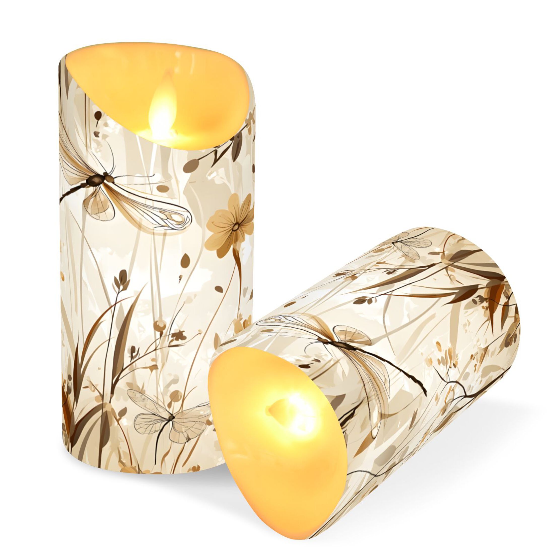 Dragonflies and Flowers Flameless Candles 2 PCS with Remote Realistic Moving Flame LED Tapered Pillar Set for Home Decor