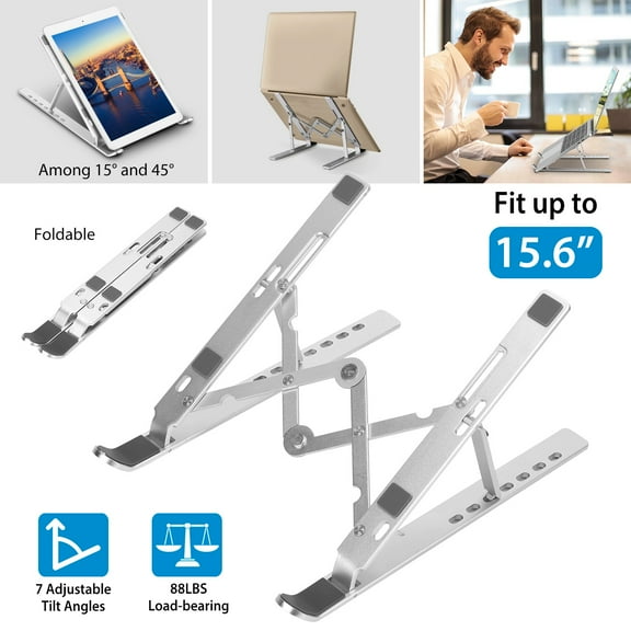 Moclever Laptop Stand Lifter Foldable Aluminum Desktop Holder Stand Angle Adjustable Tablet PC Holder Riser Ventilated Laptop Phone Tray, Silver