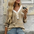 thumbnail image 5 of XuJwPNcy Womens Long Sleeve Shirts V-Neck Striped Slim Fit Tops with Button Casual Fashion Pullover Clothes Fall Outfits for Women（Coffee,XX-Large), 5 of 7