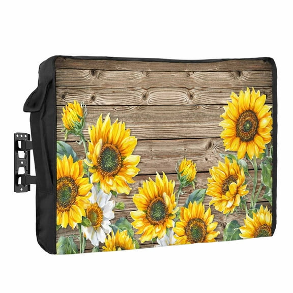 Outdoor TV Cover 40 to 43 Inches, Farmhouse Sunflower Country Floral Vintage Brown Wood Grain Waterproof TV Cover with Remote Control Pocket, Flat Screen TV Cover Protector for Outside TV