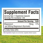 Magnesium Glycinate 500mg per Caps, 70mg Elemental Magnesium, 120 Veggie Caps, Chelated for Maximum Absorption, Non-GMO, NO Gluten Dairy & Soy, Supports Muscle, Joint, and Heart Health