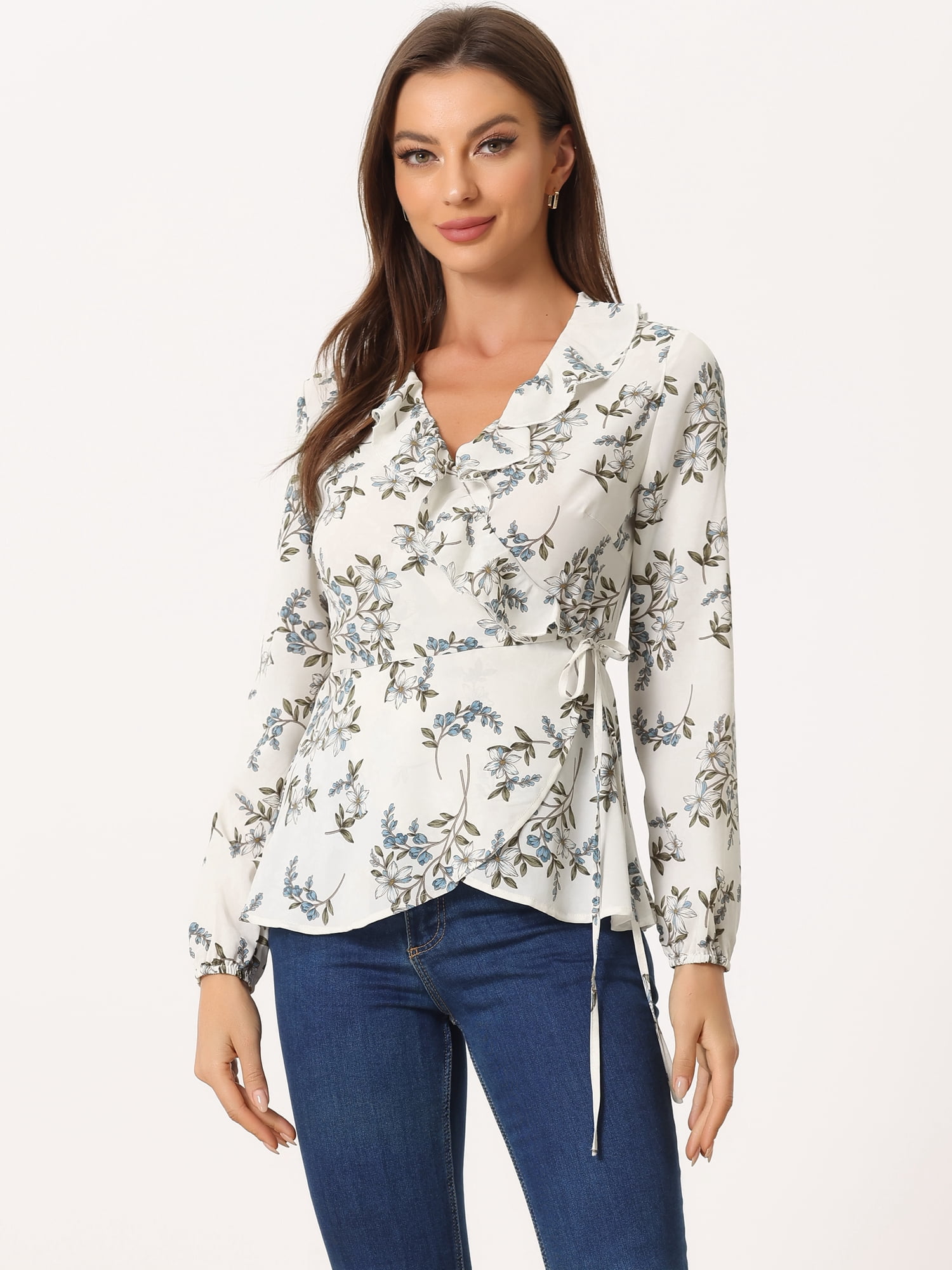 DARING DIVA Women's Wrap Top Ruffle Chiffon Peplum Blouse S White