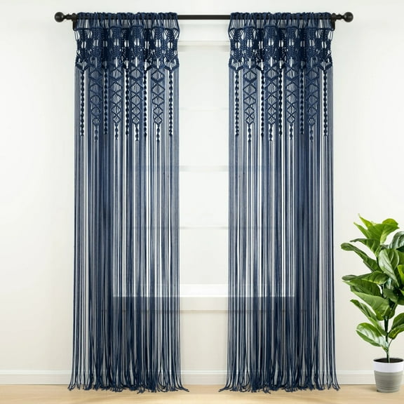 Lush Decor Boho Macrame Textured Cotton Window Curtain/Room Divider/Doorway/Wall Decor Navy 40X84
