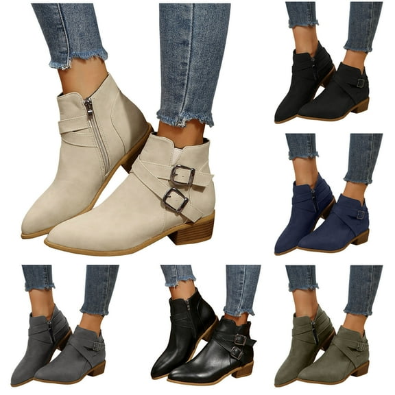 Modisza Women's Ankle Boots Chunky Low Heeled Short Booties Buckle Side Zipper Suede Dress Western Fall Work Shoes Black 6