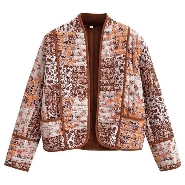 Cardigan à Manches Longues Léger Imprimé Floral Veste Courte Matelassée à Manches Courtes