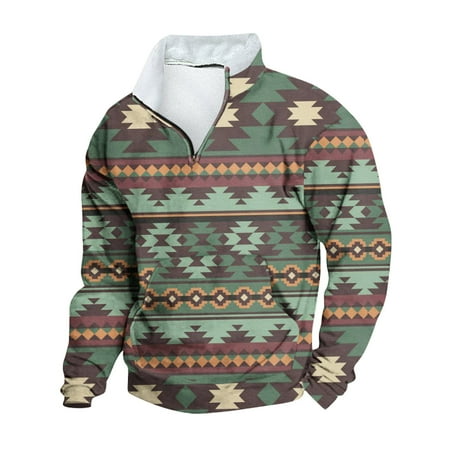 Qeaghou Men s Western Aztec Sweatshirts Vintage Ethnic Style 1/4 Zipper Stand Collar Tribal Country Pullover Loose Jacket Todays Daily Deals