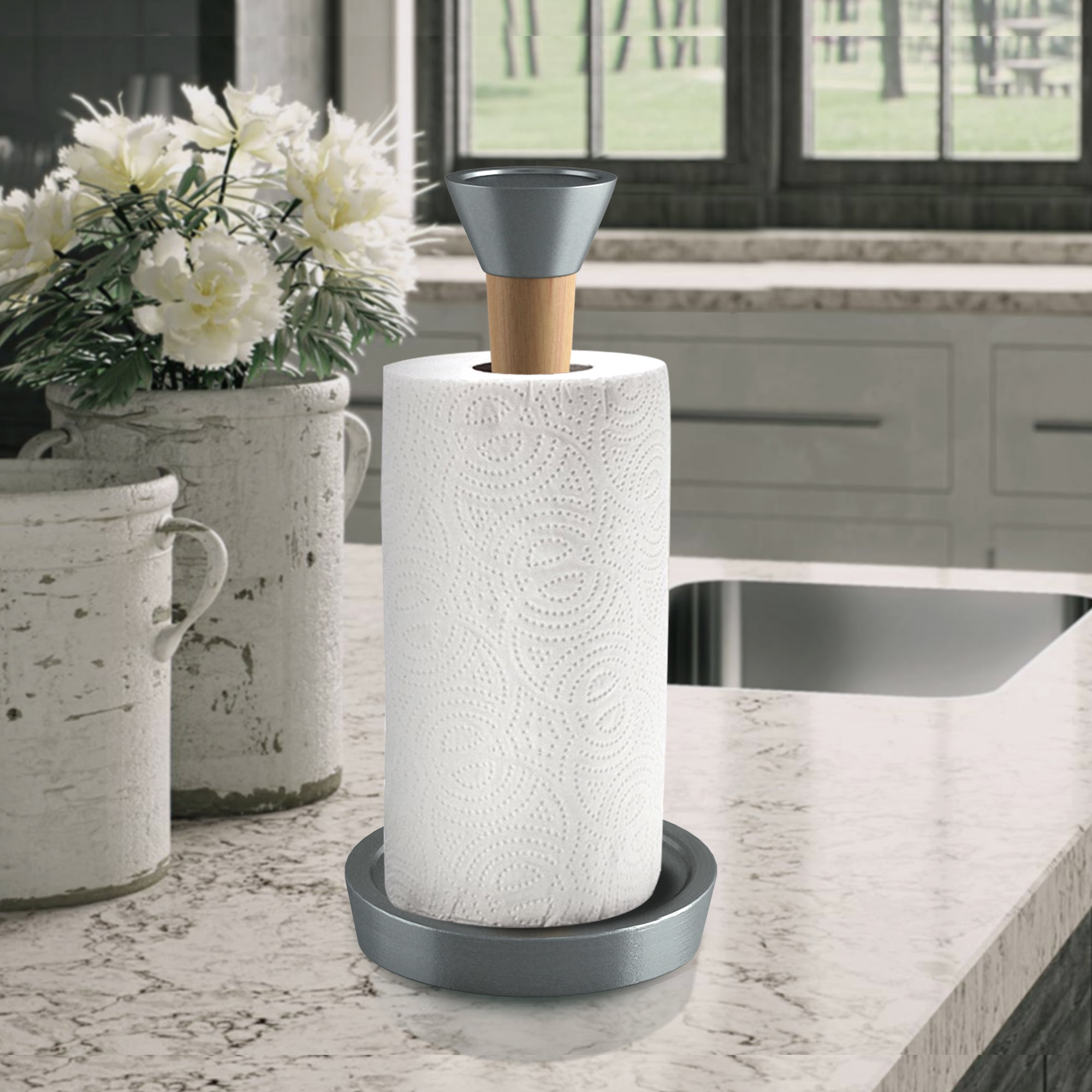 nu steel Wood Standing Paper Towel Holder - Weighted Base for Standard paper towel holder , Black Nickel finish TG-KPTH-17BN
