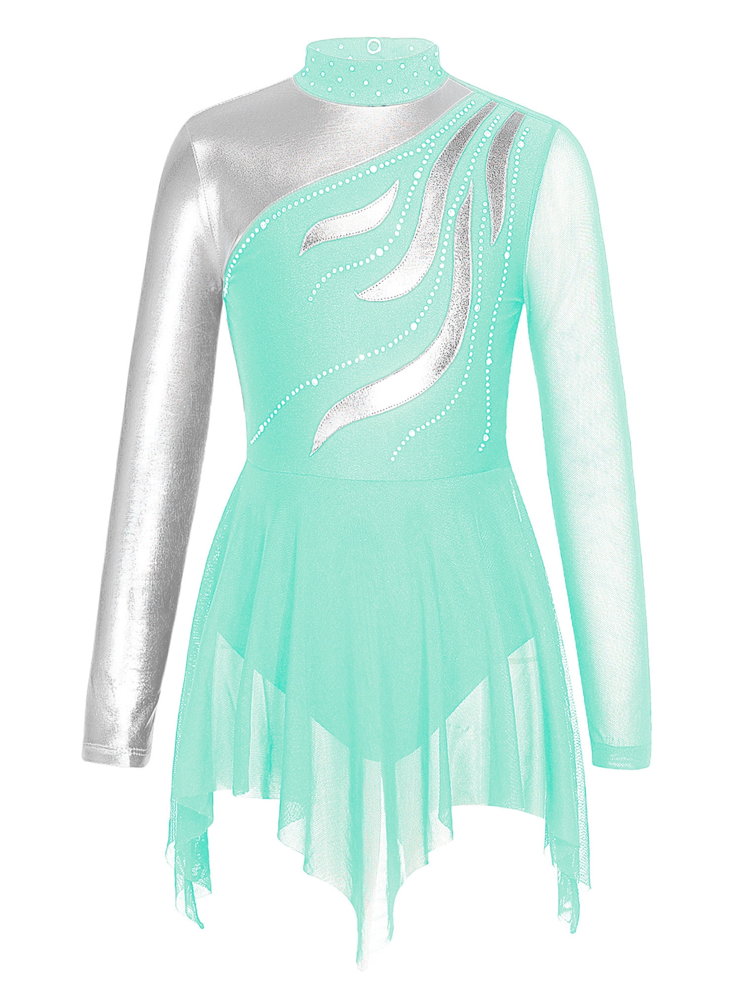 YiZYiF Kids Girls Shiny Rhinestones Dance Costume Stand Collar Long ...