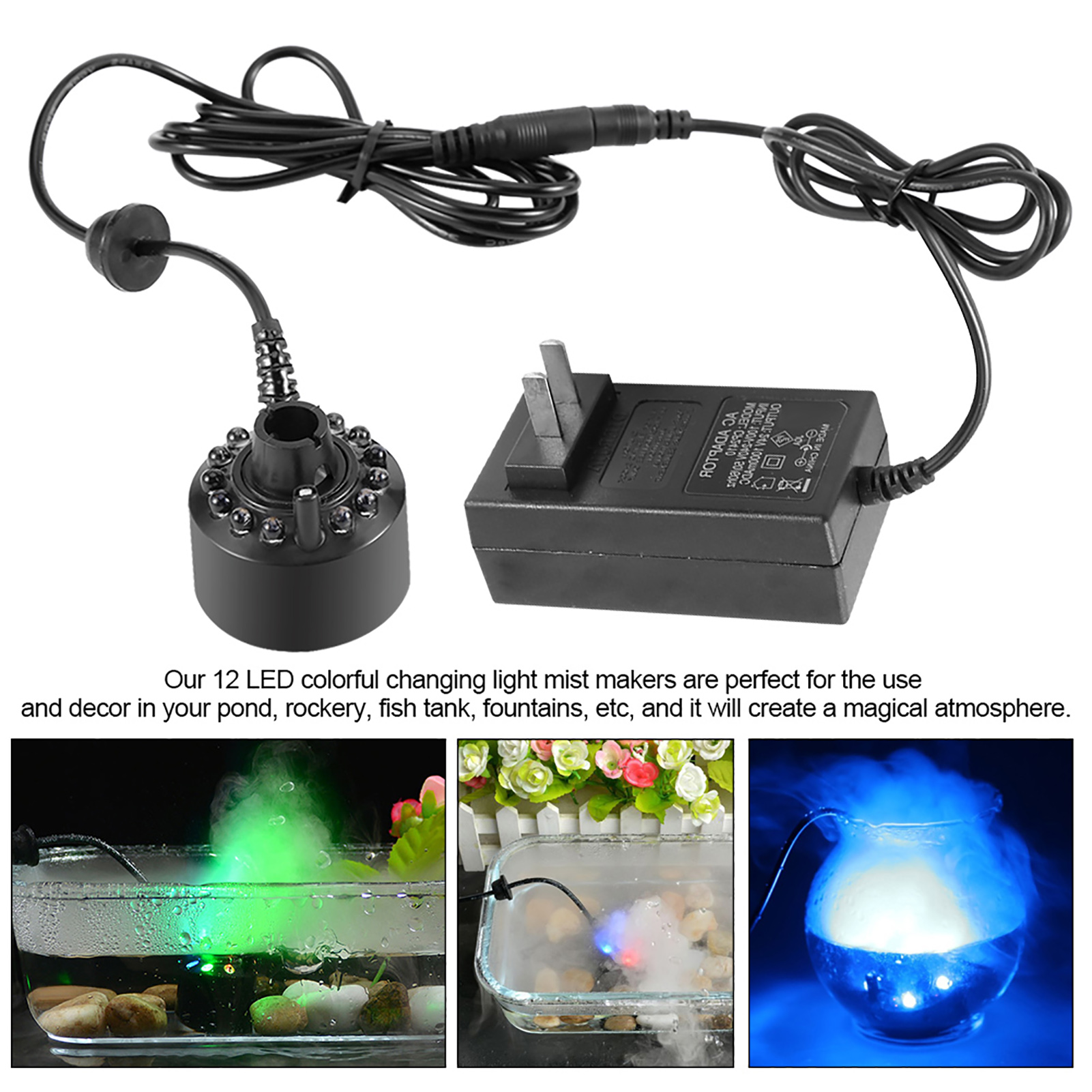 Keenso Fountain Mist Maker 12 LED Air Humidifier Water Crafts For Fish