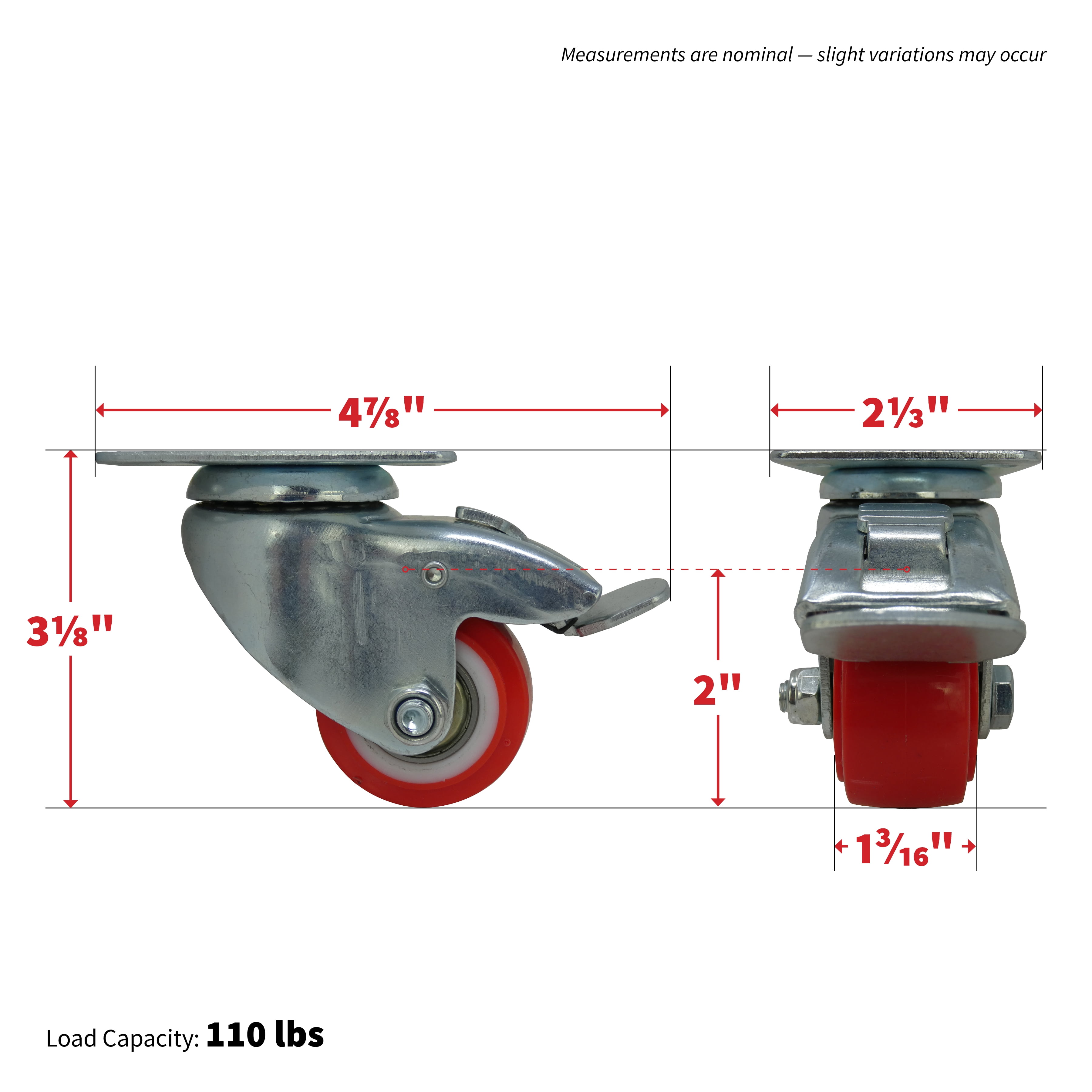 Super Sliders 2 inch Red Polyurethane Locking Caster, 110-lb Load Capacity.   360 Degree Swivel.   1 each