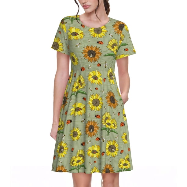 Disketp Sage Green With Sunflowers para Vestido de Manga Corta para Mujeres, Vestidos de Verano para Mujeres, Casual y Holgado para la Playa