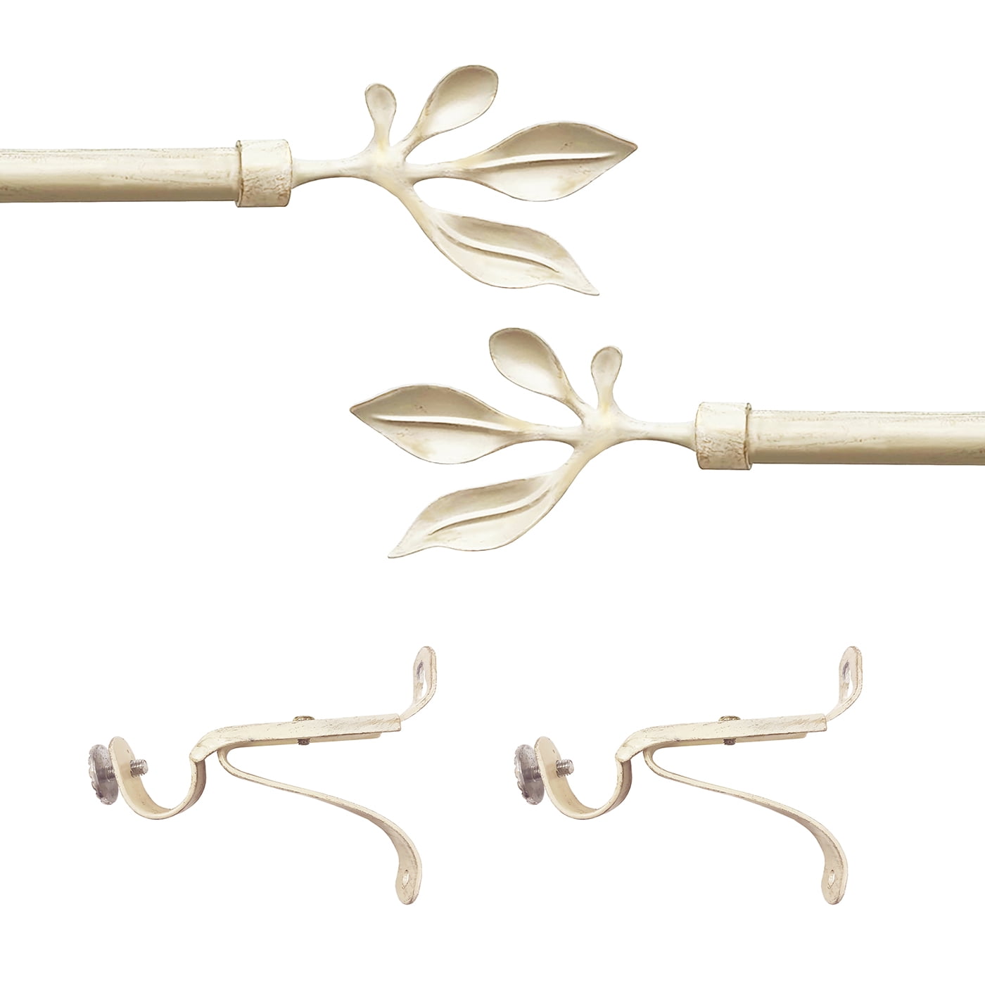 PowerSellerUSA Decorative Telescopic Metal Curtain Rod, 28" to 48" Contemporary Round PVC Finials, Ultra Durable Brackets 3/4" Diameter Window Drapery Rod, Cream/Gold - Leaf Finial