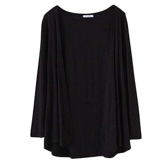 LEKODE Women Open Front Long Sleeve Ruched Elbow Cuff Thin Smooth Ice Knit Mid Length Kimono Cardigan Lightweight Summer Daily Tank Dress Sun Protection Layering Outer Cover Up Topper Black L