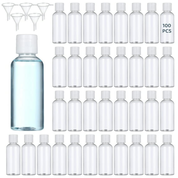 100 PCS Travel Bottles, 2 OZ / 60ML Plastic Bottles with Lids, Travel Size Cover Cap Plastic Bottles Refillable Dispensing Bottles with 5 Funnels Liquid Lotion for Travel Business