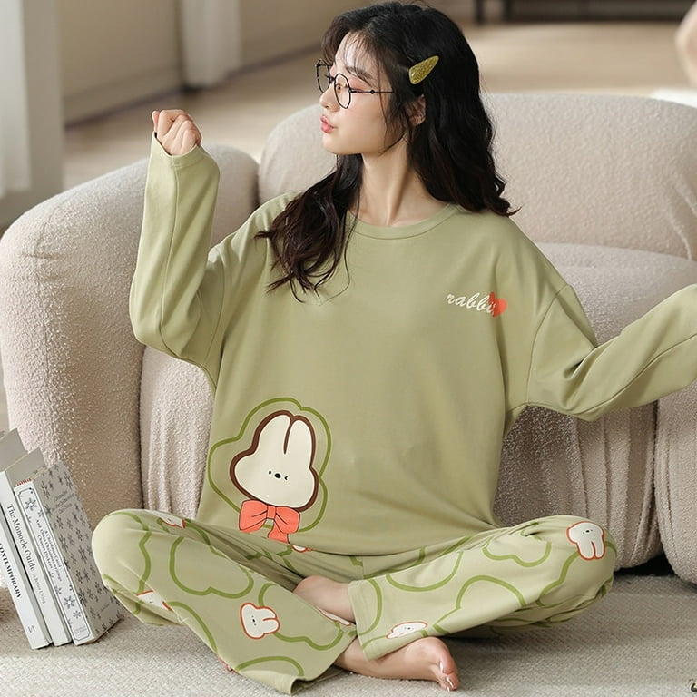 QWZNDZGR Autumn 100 Cotton Pajama Sets Women Pyjamas Cartoon
