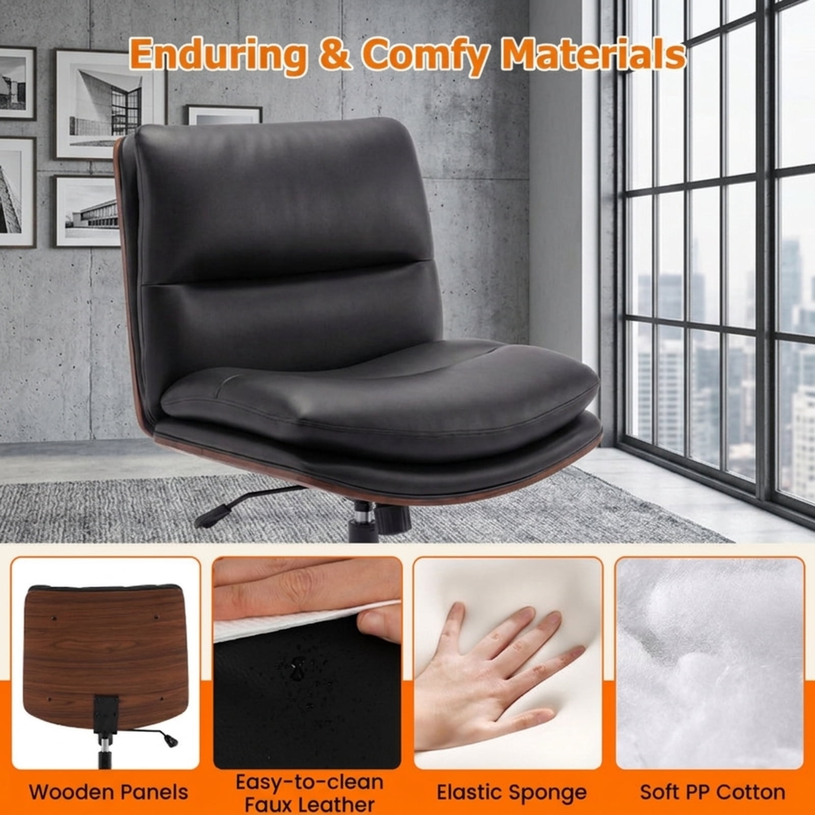Furnibear Armless Office Chair with Curved Backrest and Padded Faux Leather Seat Small Rolling Task Chair for Home Office Vanity Bedroom Study, Black