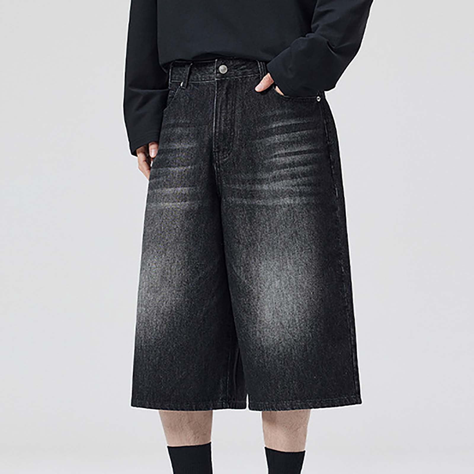 Mens Baggy Jean Shorts Loose Fit Long Denim Shorts Vintage Washed Below Knee Jorts Streetwear Hip Hop