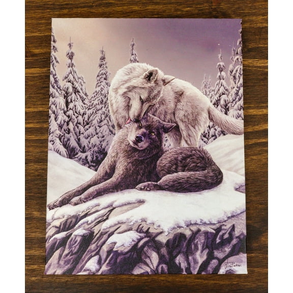 Frozen Tundra Wildlife Snow Kisses Wolf Couple Wood Framed Canvas Wall Decor