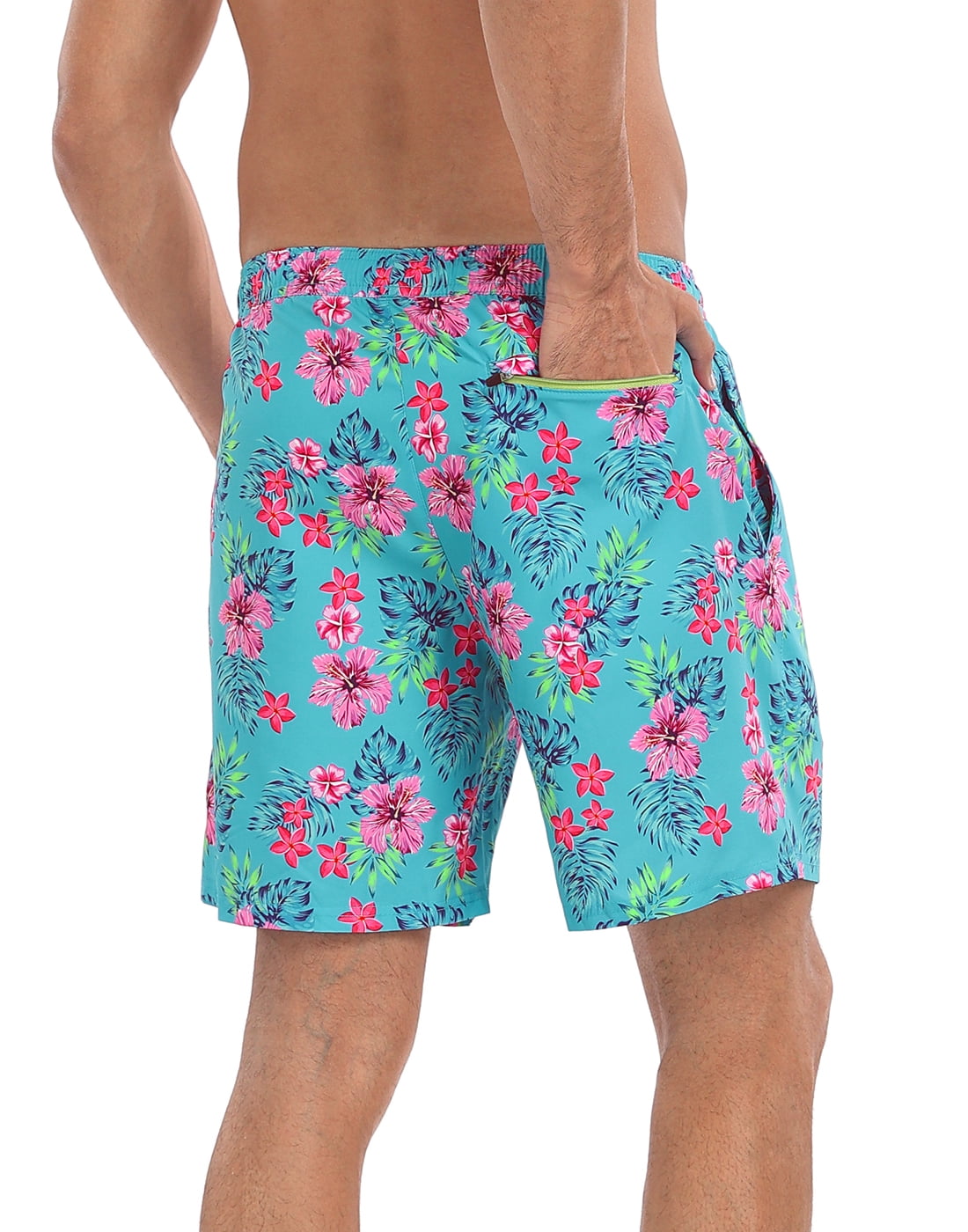 LRD Men's Swim Trunks with Compression Liner 7 Inch Inseam Gettin' Tropical / Lime L