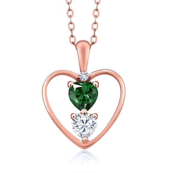18K Rose Gold Plated Silver Green Nano Emerald White Moissanite and White Created Sapphire Pendant Necklace for Women (0.74 Cttw, Gemstone Birthstone, Heart 5MM and 4MM, with 18 inch Silver Chain)