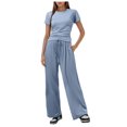 thumbnail image 2 of Hauaitttt Women 2 Piece Casual Suit Pleated Short Sleeve Top and High Waisted Wide Leg Pants Tracksuit Set Tech Suit Women Swimming Suits for Women plus Conservative Woman Junior Bathing Suits Bikini, 2 of 5