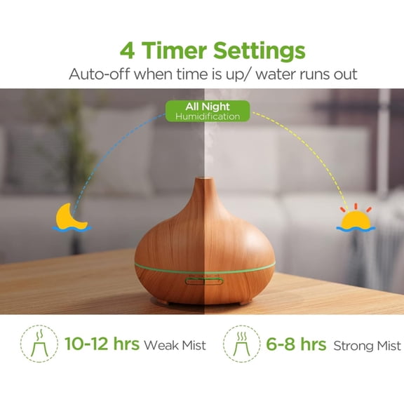 550ml Aromatherapy Diffuser & 6 Essential Oils Set Ultrasonic Cool Mist Humidifier 4 Timers 7 Colors Light Auto Off Yellow Wood Grain