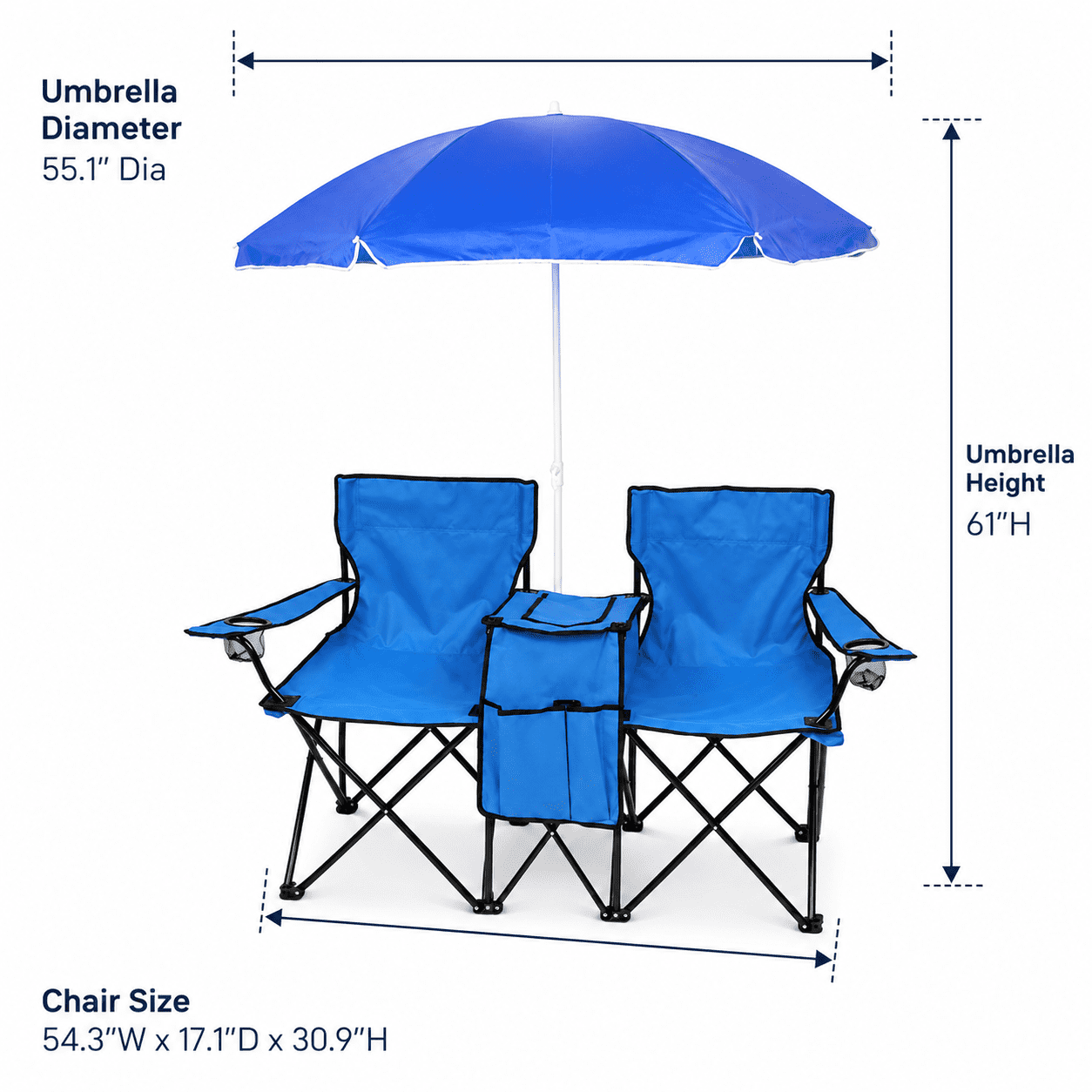 Alvantor 2-Seat Outdoor Folding Chair with Removable Sun Umbrella, Blue