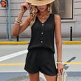 thumbnail image 4 of Conjunto Casual de 2 Piezas para Mujer, Jersey con Cuello en V y Pantalones Cortos de Cintura Alta, Chándal Transpirable de Color Sólido, Negro, Talla M, 4 of 9