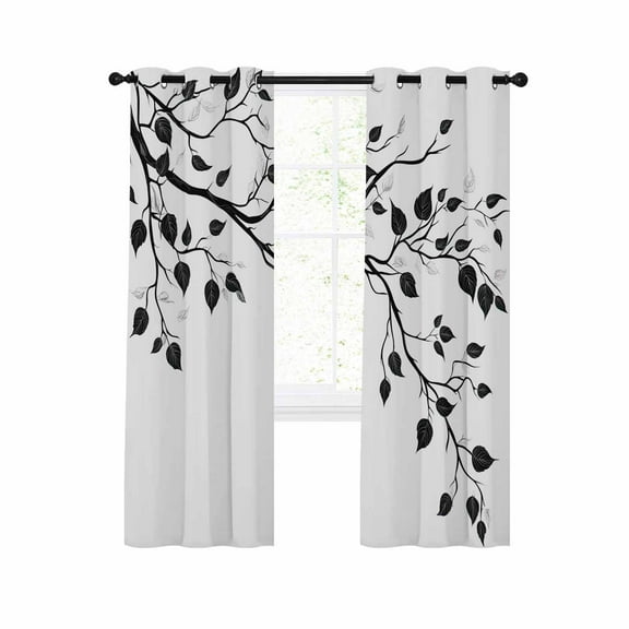 Black White Leaves Blackout Curtains 45 Inches Long for Bedroom, Minimalist Natural Trees Watercolor Thermal Insulated Room Darkening Black Out Window Curtain Panels Grommet Drapes for Living Room
