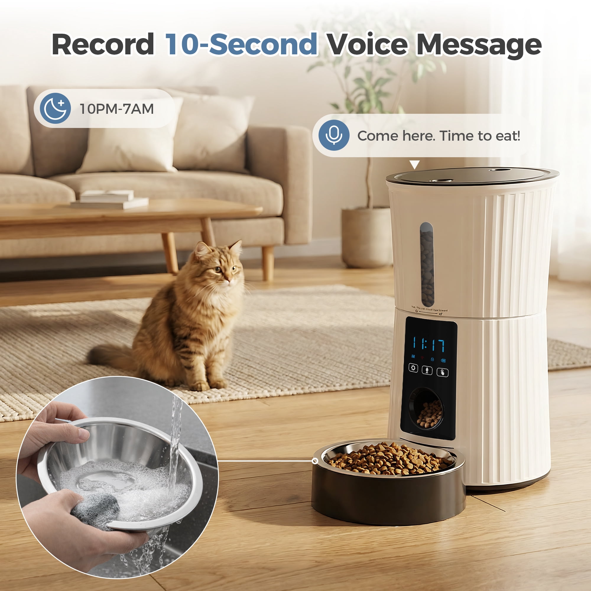 SHOUFTW 4L Automatic Pet Feeder for Cats & Dogs, Timed Dry Food Dispenser with Portion Control, Voice Recorder, Dual Power,White