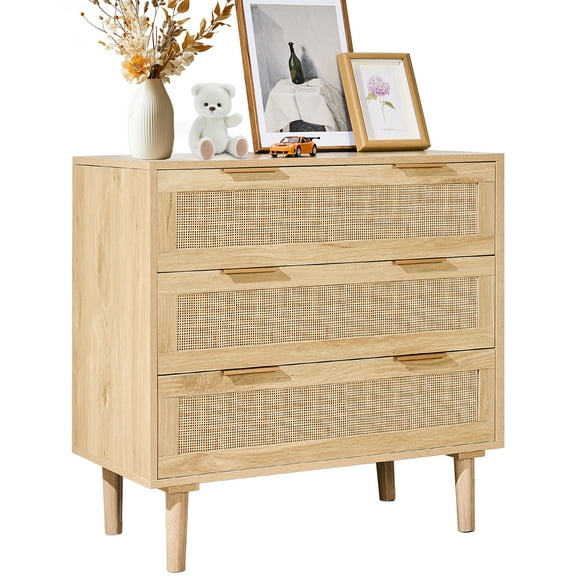 VEVOR 3 Drawer Rattan Dresser,Natural Rattan Closet Dresser with 3 Drawers, Modern Wood Chest Clothing Organizer & Storage Boho Dresser with Sturdy Handles & Legs,for Bedroom, Living Room & Hallway