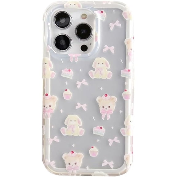 Designed for iPhone Case,2in1 Cute Bow Bear Cake Pattern Camera Lens Protection Shockproof Protective Cover Phone Case (iPhone 15,White)
