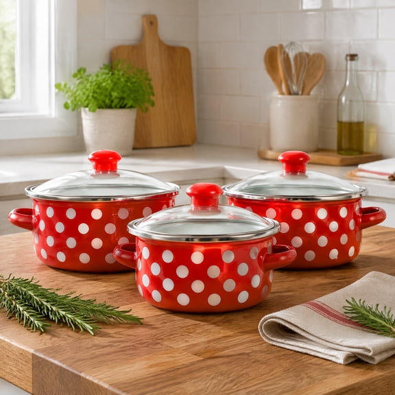 LOLIPPYY Vintage Enamel Pots and Pans Stockpot Red with White Dots 3Set for Cooking Soups