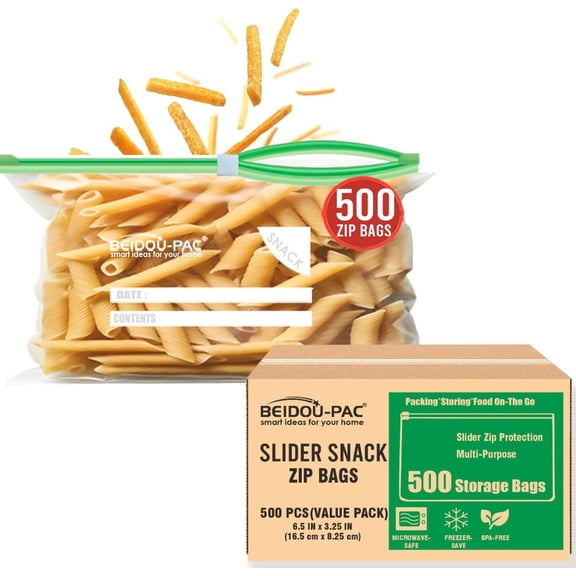 Slider Snack Storage Zip Bags with Stand-Up Bottom, 500 Count | 2 Mil | 6.5 IN x 3.25 IN, Freshness Easy Open Reclosable Clear Plastic Bags for Food On the Go (Slider-snack-500count)