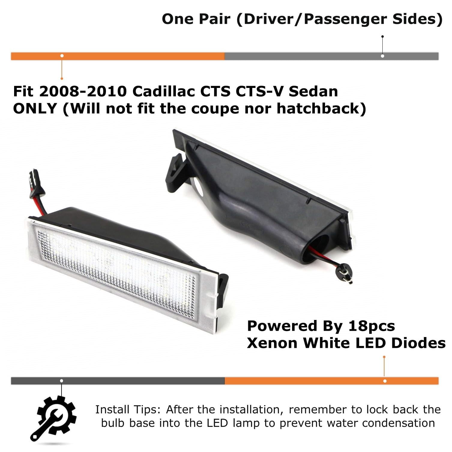 OEM-Fit 3W Full LED License Plate Light Kit For 2008-2010 Cadillac CTS CTS-V Sedan, Powered by 18-SMD Xenon White LED Diodes
